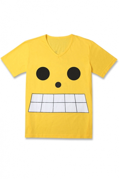 Fashion V-Neck One Piece Comic Cartoon Face Printed V-Neck Short Sleeve Yellow Tee