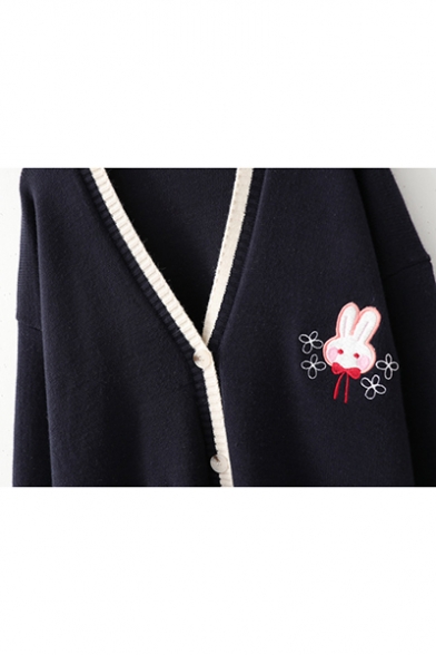 Girls Simple Campus Style Rabbit Embroidered V Neck Long Sleeve Contrast Hem Button Open Front Cardigan