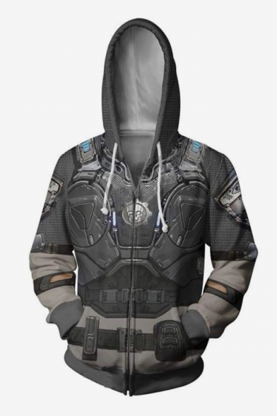 Grey 3D Skull Armour Printed Long Sleeve Zip Up Hoodie
