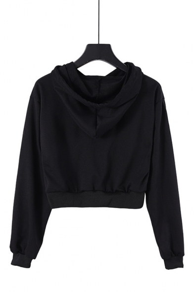 Hot Trendy Sun Embroidery Black Casual Cropped Hoodie
