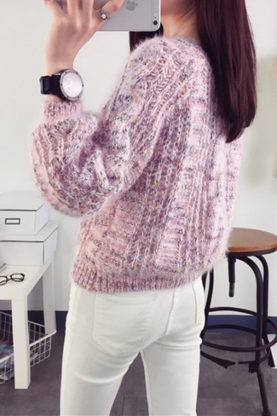 Ladies Plain Cable Knit Round Neck Bloomer Sleeve Boxy Sweater
