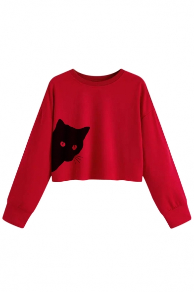 New Trendy Black Cat Pattern Round Neck Long Sleeve Cropped Sweatshirt