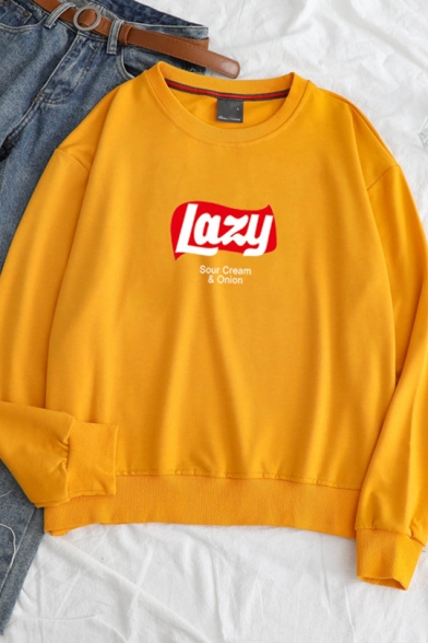 Simple Lazy Letter Print Round Neck Long Sleeve Leisure Pullover Sweatshirt