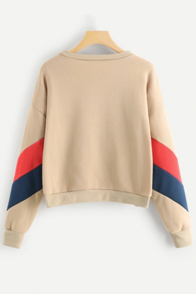 Simple Striped Long Sleeve Round Neck Apricot Pullover Sweatshirt