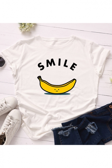 SMILE Letter Banana Printed Round Neck Short Sleeve T-Shirt