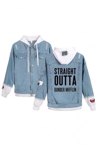 Trendy Letter Dunder Mifflin Print Patched Long Sleeve Hooded Button Down Ripped Denim Jacket