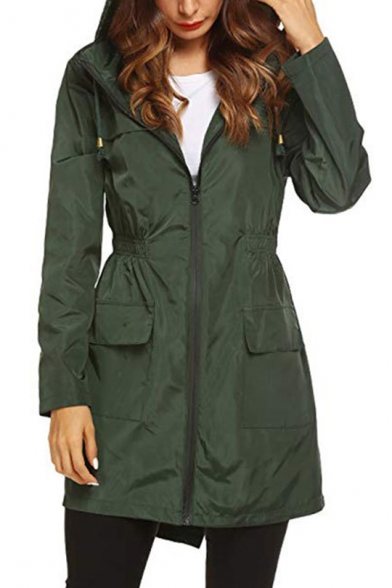 Womens New Stylish Simple Plain Elastic Waist Outdoor Hooded Zip Up Windbreaker Mountain Coat