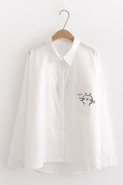 Cartoon Cat Pattern Campus Style Long Sleeve Loose Fit Button Shirt
