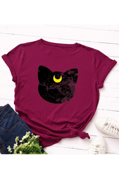 Cat Moon Print Round Neck Short Sleeves Casual Tee