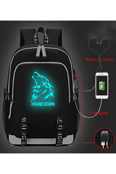 Cool House Stark Wolf Head Print Fashion USB Charge Students School Bag Backpack 30*15*44cm