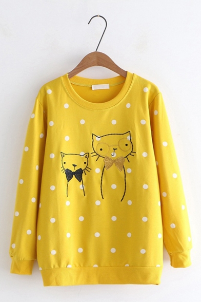 Cute Cartoon Cat Embroidered Polka Dot Pattern Round Neck Long Sleeve Sweatshirt