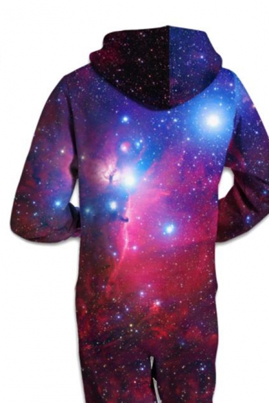 Fancy Purple 3D Universe Starry Galaxy Printed Long Sleeve Zip Up Hooded Jumpsuits