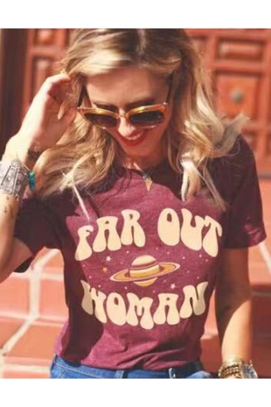 FAR OUT WOMAN Letter Print Round Neck Short Sleeve Purple Casual Loose Summer T-Shirt