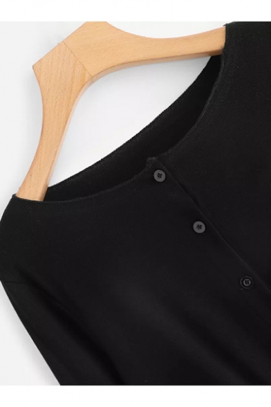 Hot Fashion Black Plain Drawstring Hem Button Down Long Sleeve Knitwear Cardigan