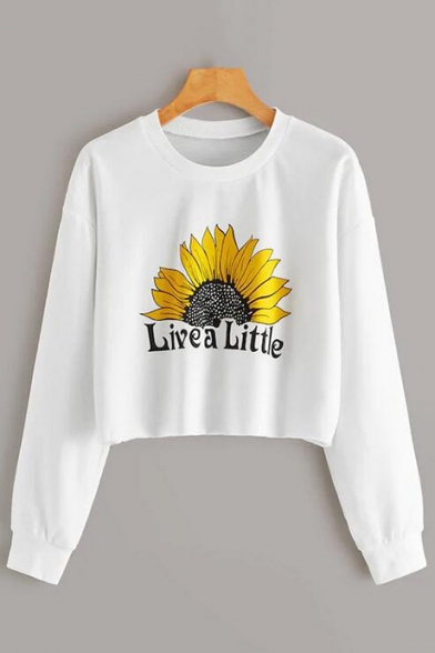 Live A Little Letter Flower Printed Round Neck Long Sleeve White Loose Crop Hoodie