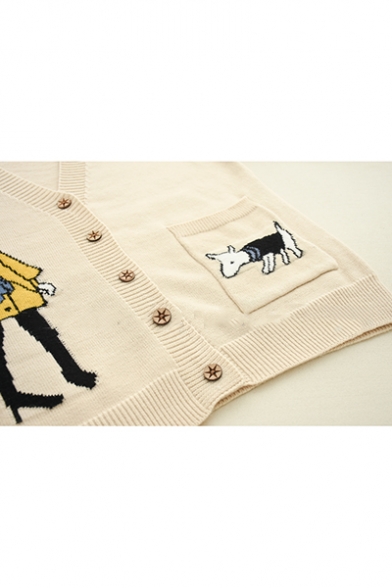Lovely Cartoon Dog And Figure Pattern V Neck Long Sleeve Buttons Down Comfort Cardigan