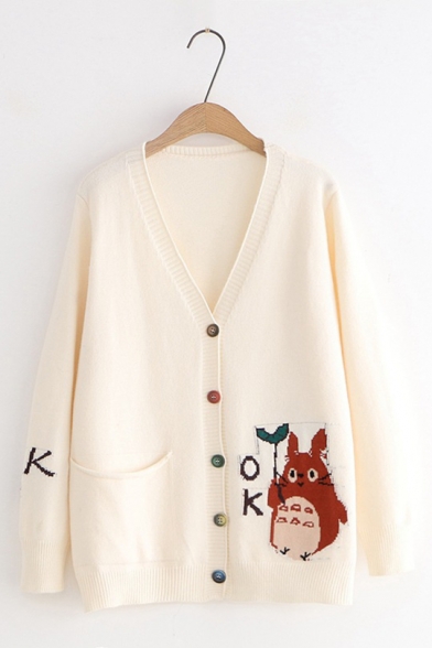 Lovely Cartoon Totoro Pattern V Neck Long Sleeve Buttons Down Comfort Cardigan