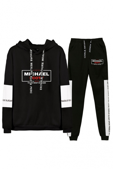 Michael Scott Letter Print Drawstring Hoodie with Joggers Pants Two-Piece Set