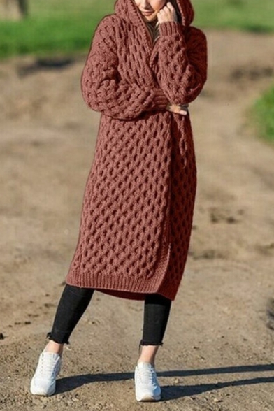 New Arrival Long Sleeve Hooded Open Front Knitted Maxi Cardigan