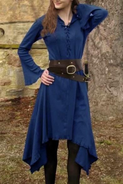 New Stylish Vintage Medieval Retro Long Sleeve Lace-Up Front Plain Asymmetric Hem Mini Dress