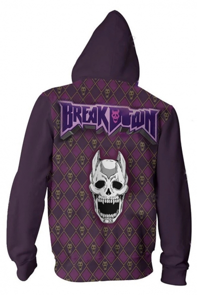 New Trendy Cool Allover Skull Printed Purple Zip Up Drawstring Hoodie