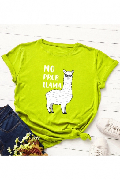 NO PROB LLAMA Letter Alpaca Printed Short Sleeve Round Neck Loose Casual T-Shirt