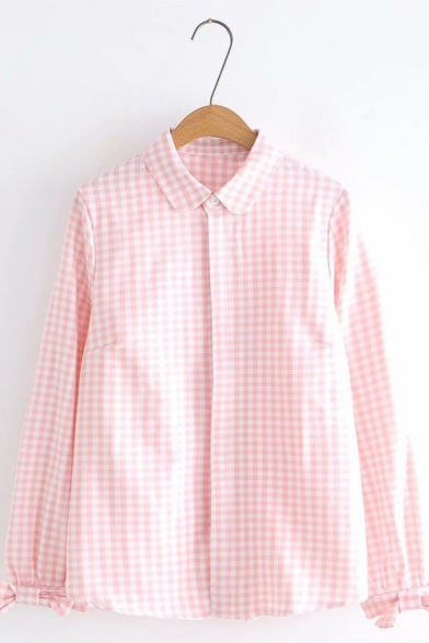 Plaid Printed Lapel Collar Long Sleeve Button Front Shirt For Girls