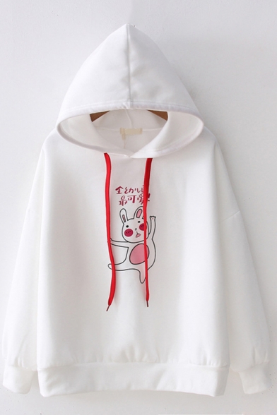 Students Preppy Style Cartoon Cute Rabbit Letter Pattern Long Sleeve White Pullover Hoodie