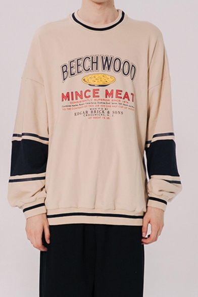 Trendy Letter BEECHWOOD Printed Colorblock Long Sleeve Round Neck Unisex Casual Pullover Sweatshirt