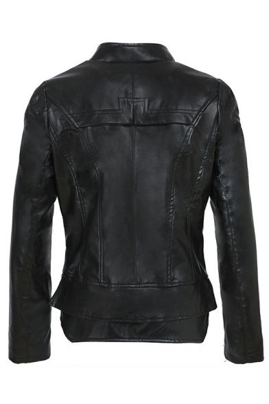 Women's Cool Lapel Collar Long Sleeve Plain Zipper Placket Biker PU Cropped Zip Up Jacket