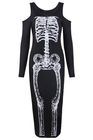 Womens Halloween Black Scary Monster Skull Skeleton Printed Round Neck Off Shoulder Long Sleeves Bodycon Maxi Dress