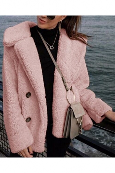 Womens Stylish Solid Color Button Embellished Warm Fluffy Fur Coat