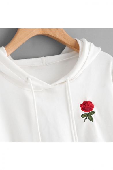 Basic Simple Floral Embroidery Long Sleeve White Crop Hoodie
