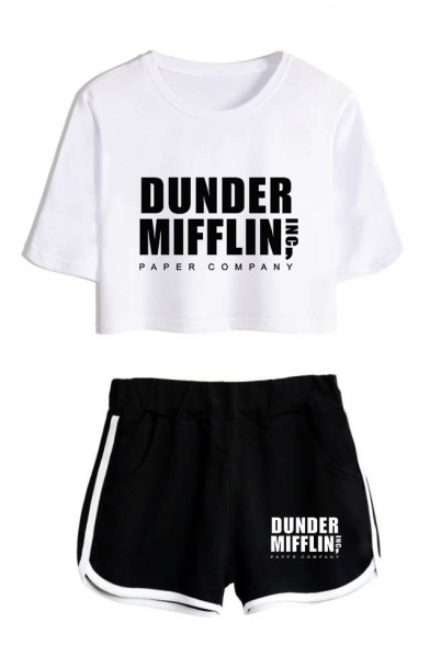 Dunder Mifflin Popular Letter Print Short Sleeve Crop Tee with Dolphin Shorts Two-Piece Co-ords