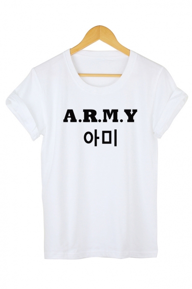 Fashion Kpop Boy Band Letter ARMY Printed Basic Short Sleeve Casual Tee