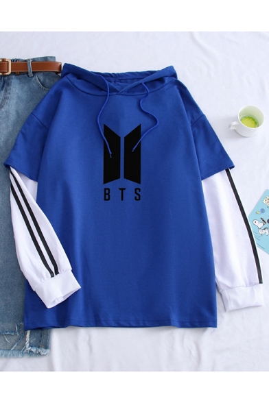 Fashion Kpop Boy Band Logo Printed Patched Long Sleeve Fake Two-Piece Loose Fit Hoodie