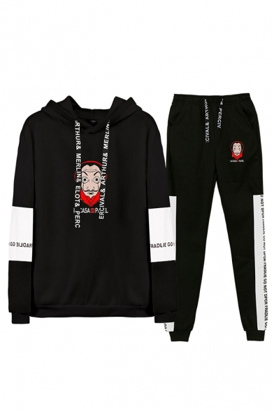 Fashion Money Heist Figure Printed Letter Drawstring Hoodie with Joggers Pants Two-Piece Set