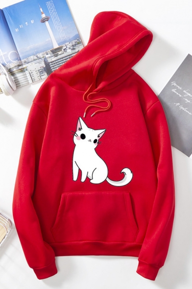 Lovely Cartoon Cat Printed Long Sleeve Unisex Sport Loose Pullover Hoodie