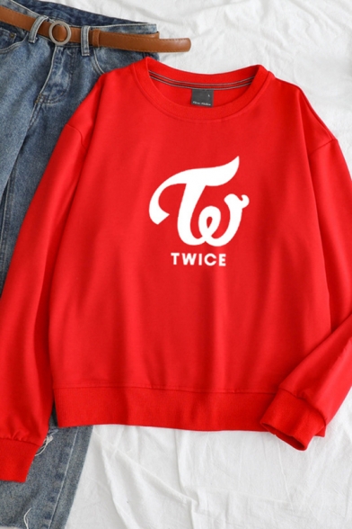 TWICE Letter Print Long Sleeves Round Neck Loose Sweatshirt