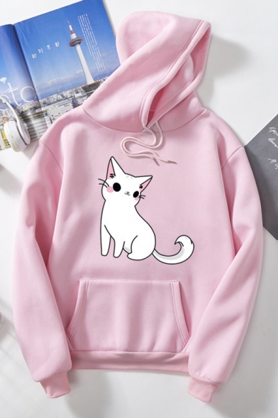 Lovely Cartoon Cat Printed Long Sleeve Unisex Sport Loose Pullover Hoodie