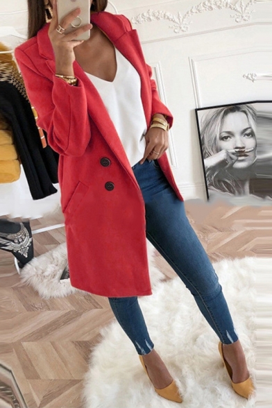 New Stylish Notched Lapel Long Sleeve Double Breasted Plain  Wool Coat With Pockets