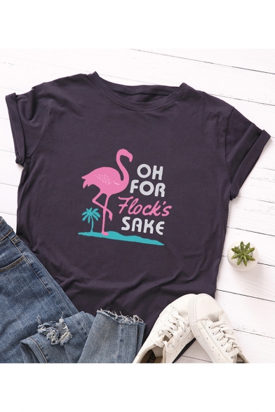 OH FOR Flock'SAKE Letter Flamingo Printed Round Neck Short Sleeve Casual Loose Tee