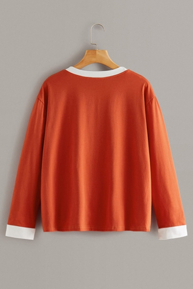 Simple Letter Pattern Color Block Patchwork Round Neck Long Sleeve Orange T-Shirt