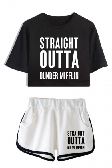 Summer Fashion Letter Straight Outta Dunder Mifflin Printed Crop Tee with Dolphin Shorts Two-Piece Set