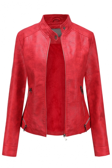 Women's Stand Collar Long Sleeve Faux Leather Motorcycle Power Shoulder Jacket