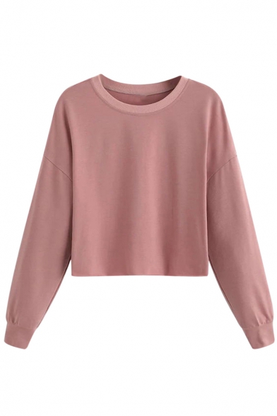 Basic Simple Plain Round Neck Long Sleeve Loose Cotton Crop Sweatshirt