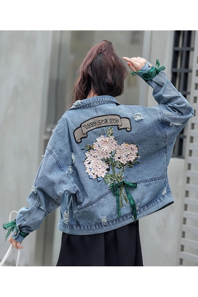 Chic Floral Letter Embroidered Back Cut Out Detail Lapel Collar Long Sleeve Buttons Down Denim Jacket