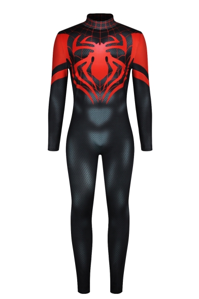 Cool 3D Black and Red Spider Print Comic Cosplay Costume Long Sleeve Tight Jumpsuits