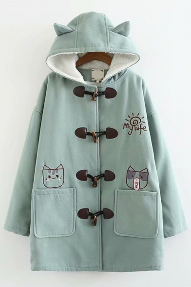 Cute Cartoon Cat And Dog My Life Letter Embroidered Long Sleeve Ear Hooded Duffle Coat