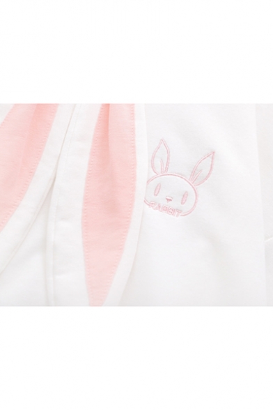 Cute Rabbit Embroidered Long Sleeve Rabbit Ear Embellished Color Block Hoodie